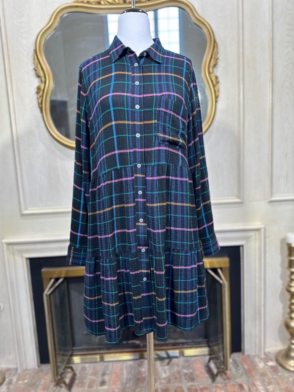 LOFT Dress L Black Multi Color Plaid Tiered Stretch Modern Grunge Whimsigoth